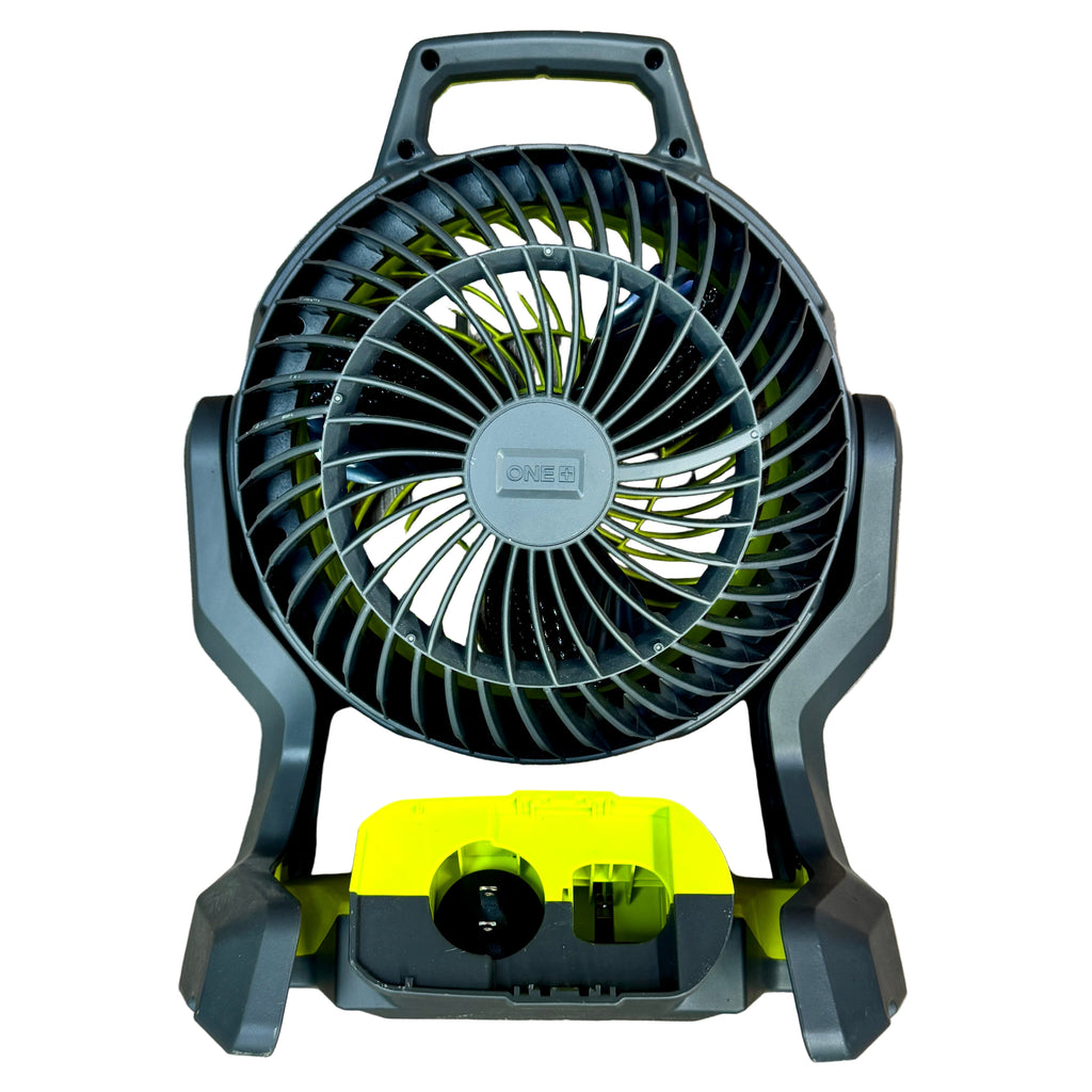 RYOBI ONE+ 18V 7-1/2" Cordless Hybrid WHISPER SERIES Fan w/ Battery (PCL811) Portable fan with a black and yellow design on a wooden surface