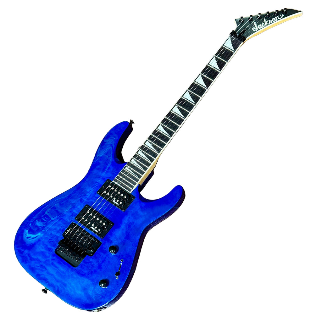 Jackson JS Series Dinky Arch Top JS32Q DKA Electric Guitar w/ Hard Case Blue electric guitar on a wooden floor