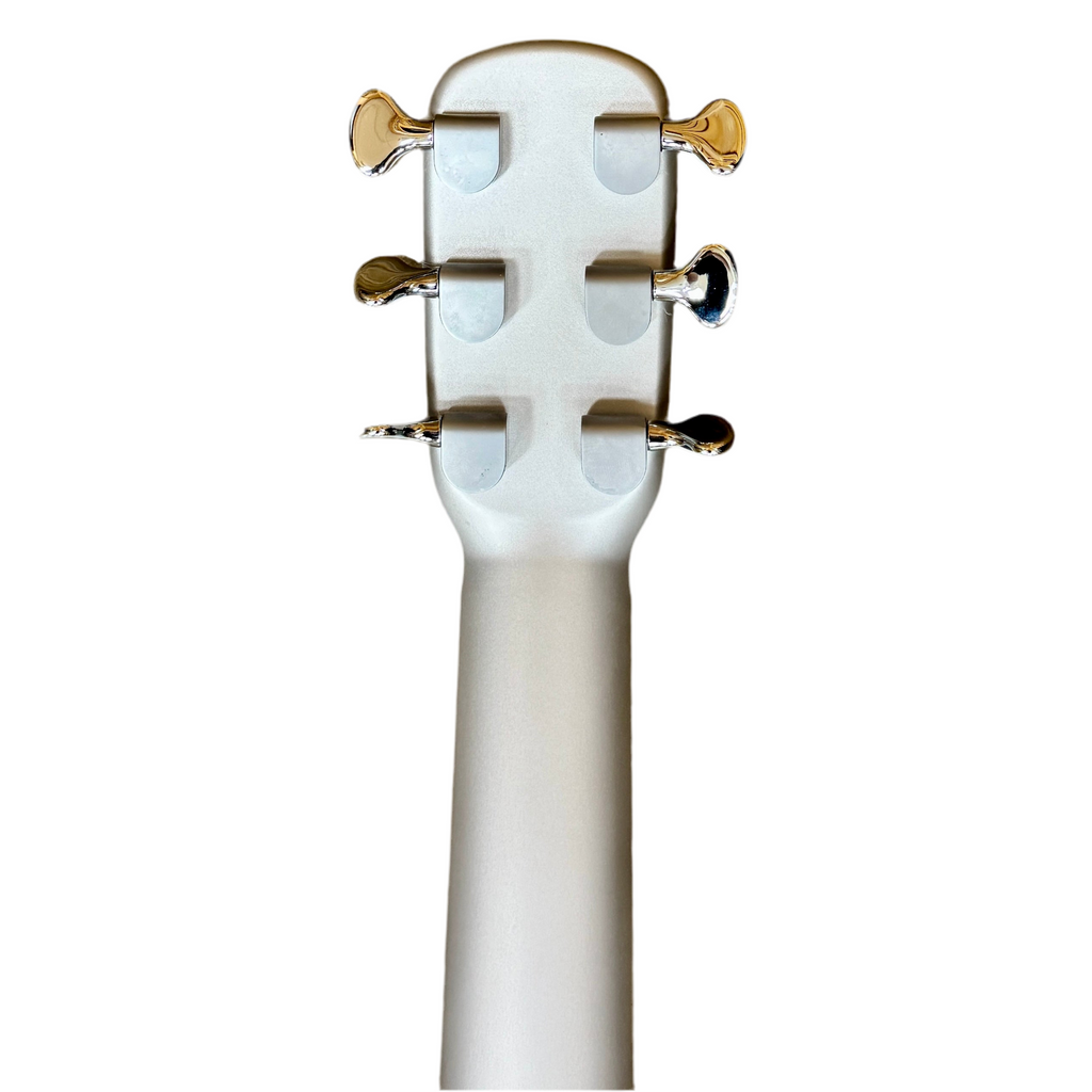 LAVA MUSIC LAVA ME Air Carbon 36" Acoustic-Electric Guitar w/ AirFlow Bag Soft Case Close-up of a guitar headstock with white finish and gold tuning pegs on a white background