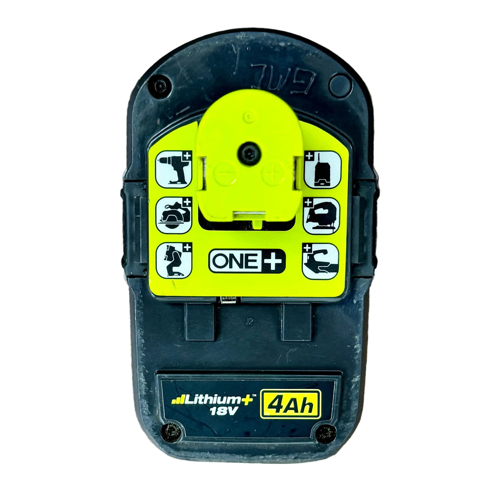 RYOBI ONE+ 18V 4Ah Lithium+ Battery Pack (P108) Battery pack with 'ONE+' branding on a wooden surface