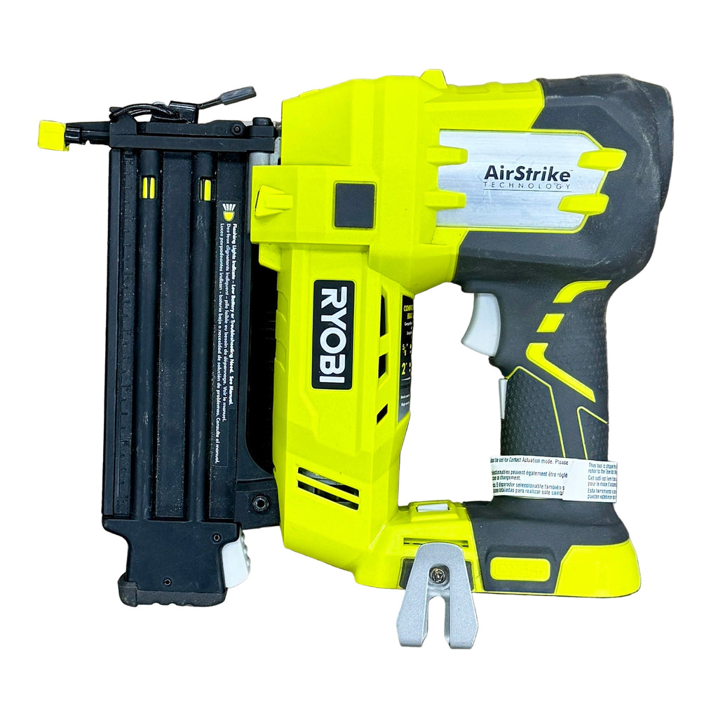 RYOBI ONE+ AirStrike 18V 18-Gauge 2" Cordless Brad Nailer w/ Battery & Charger (P320VN) Yellow and black nail gun with 'Airstrike' technology on a white background