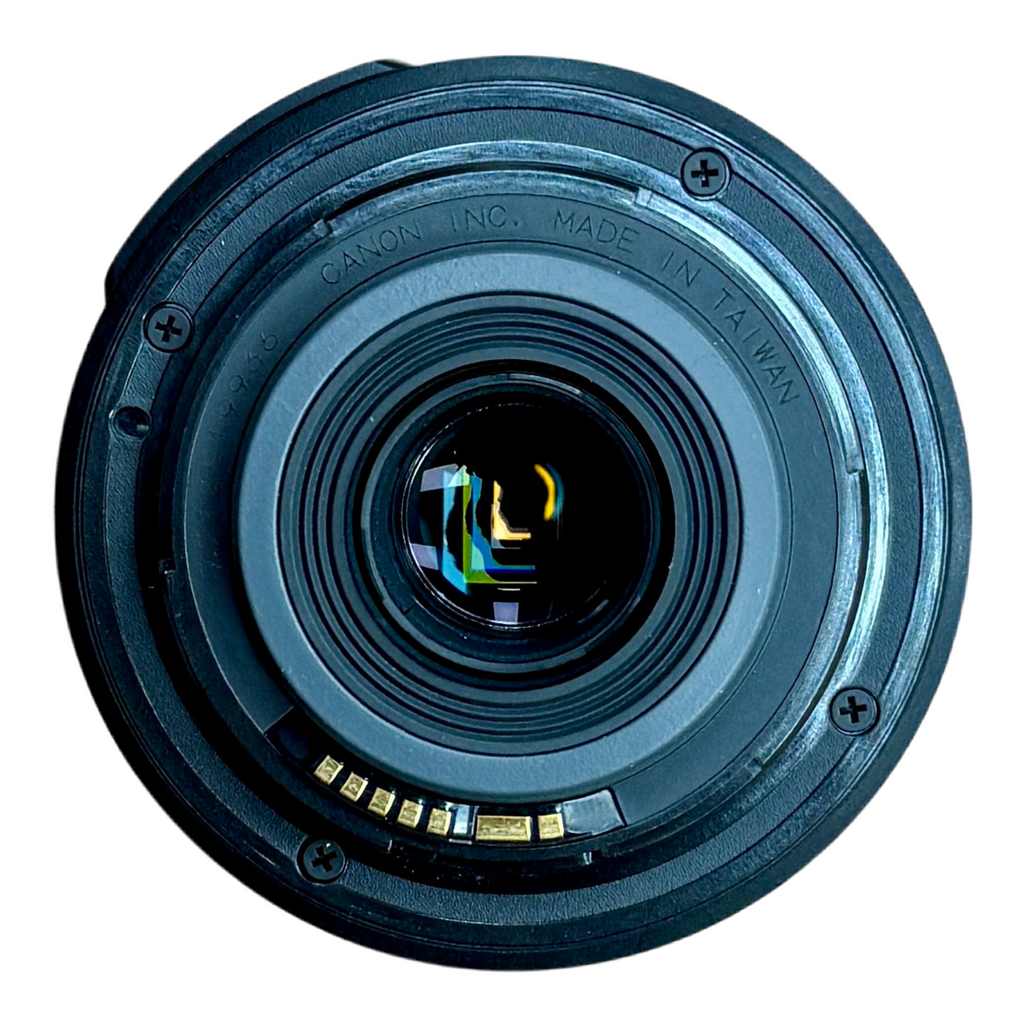 Canon Zoom Lens EF-S 55-250mm f/4-5.6 IS Camera Lens w/ Front & Rear Caps Close-up of a Canon camera lens on a white background