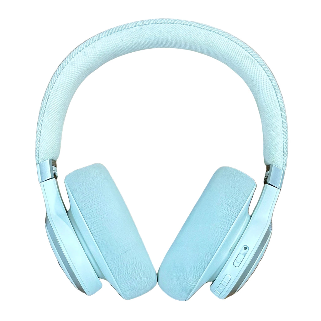 JBL Live 770NC Wireless Noise Cancelling Over-Ear Headphones - White Light blue headphones on a white background