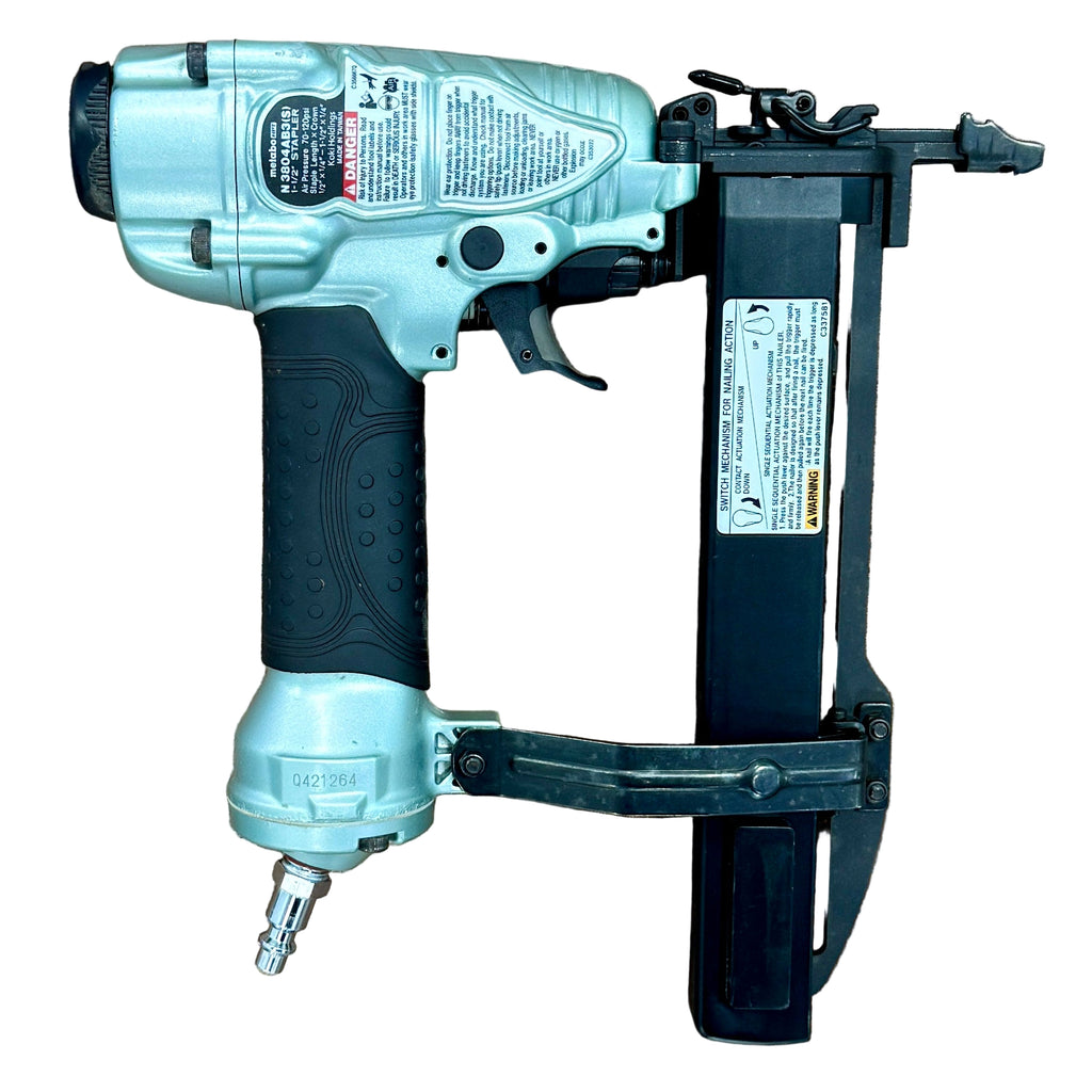 Metabo HPT 18-Gauge 1-1/2" Pneumatic Narrow Crown Stapler w/ Hard Case (N3804AB3S) Nail gun on a wooden surface