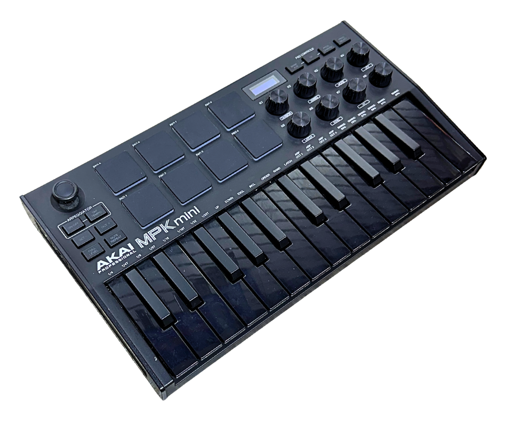Black MIDI keyboard controller with buttons and knobs on a white background