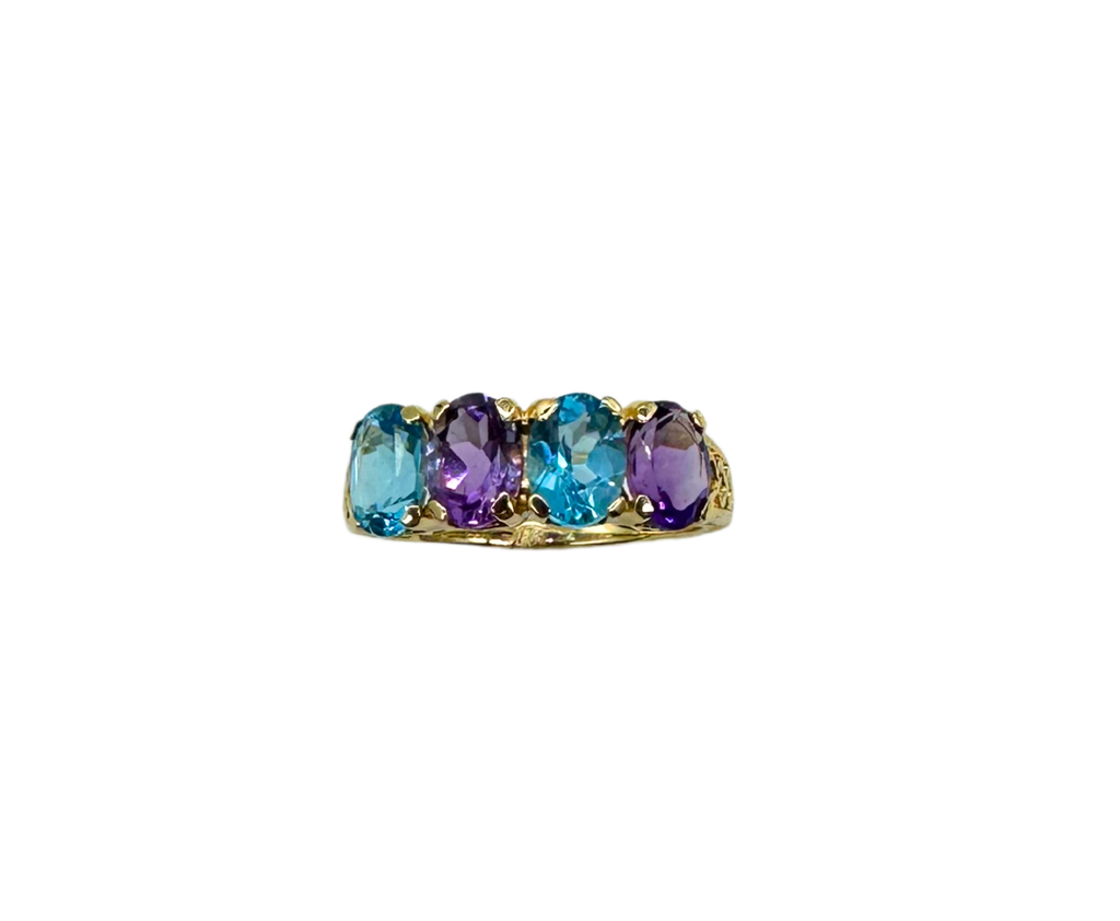 14K Yellow Gold Filigree Ring with Blue Topaz & Amethyst