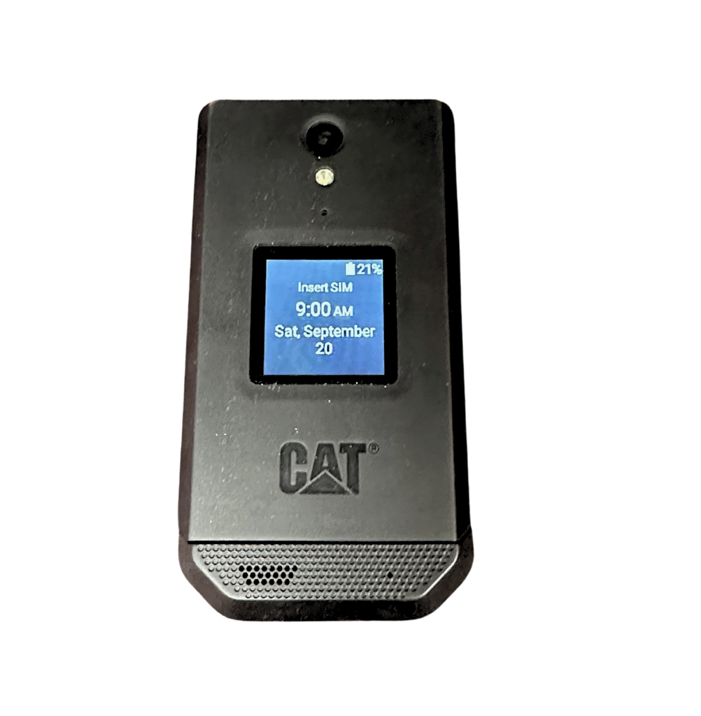 Black flip phone with a small screen displaying time and date on a white background