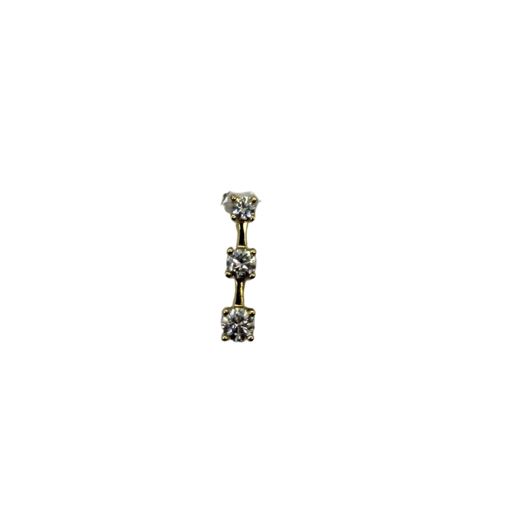Dangling earring with three clear gemstones on a white background