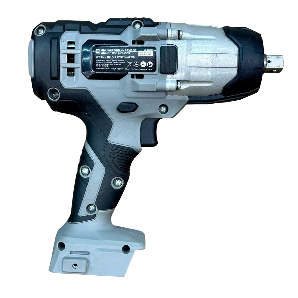 DieHard 20V 1/2" Cordless Variable Speed Impact Wrench w/ Battery & Charger (DH80004) Gray and black cordless drill on a wooden surface