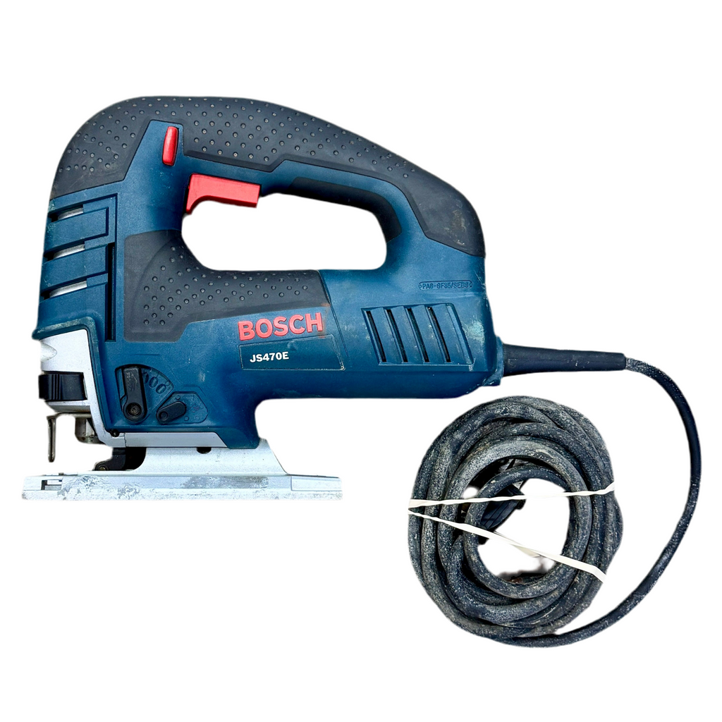 BOSCH 7-Amp Corded Variable Speed Top-Handle Jig Saw (JS470E) Bosch oscillating tool with power cord on a white background
