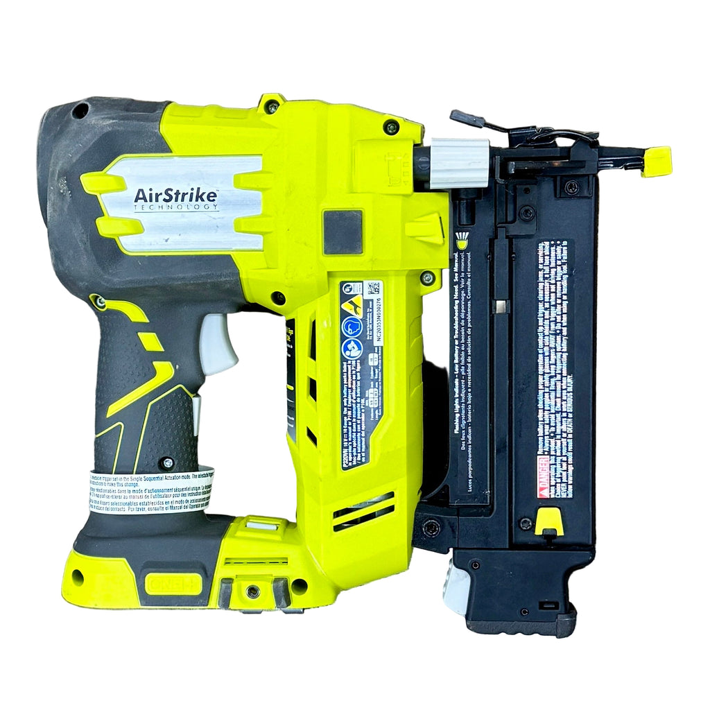 RYOBI ONE+ AirStrike 18V 18-Gauge 2" Cordless Brad Nailer w/ Battery & Charger (P320VN) Yellow and black AirStrike nail gun on a wooden surface