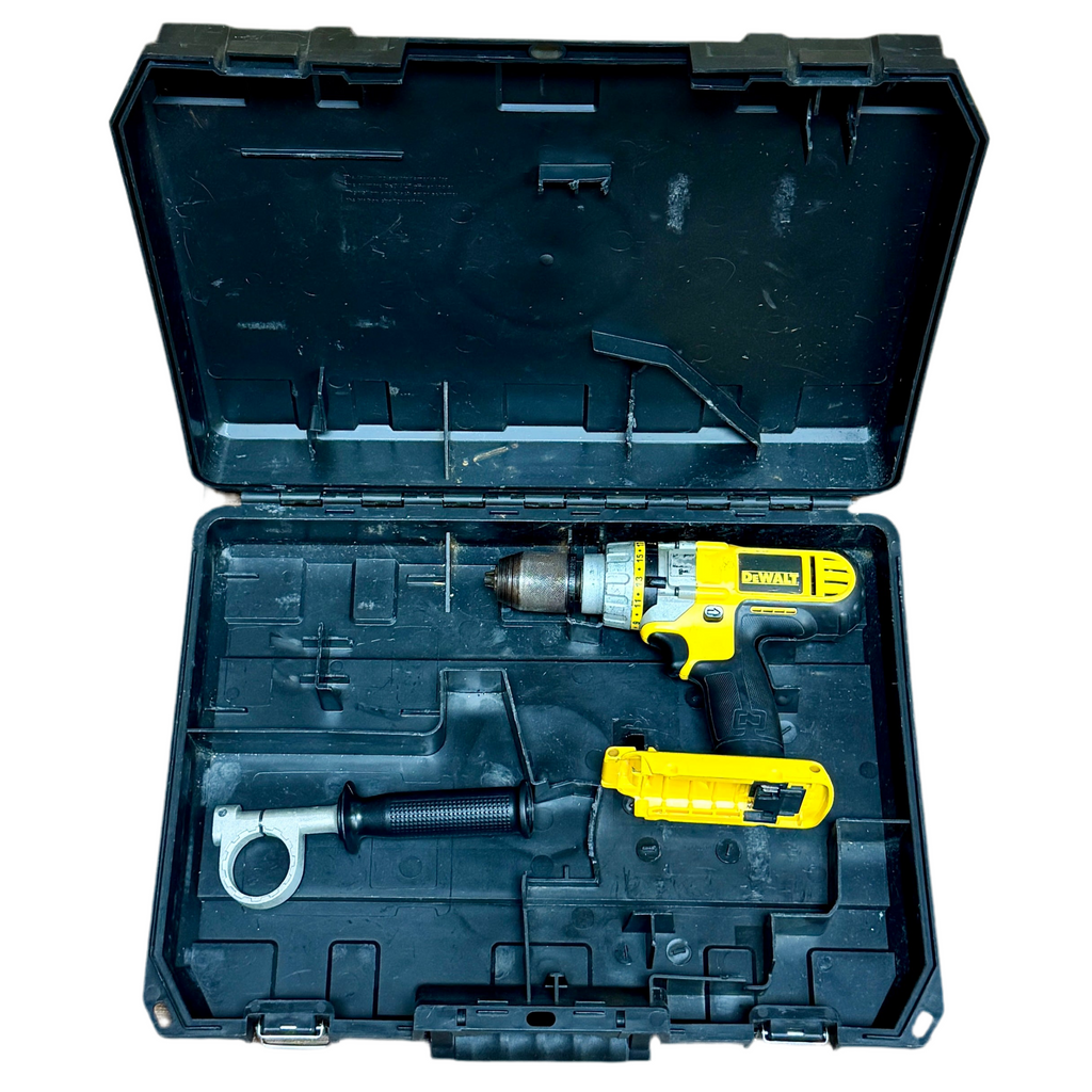 DeWalt 36V 1/2" Cordless Heavy-Duty Hammer Drill w/ 3 Batteries, Charger, & Hard Case (DC901) Drill and accessories in a black tool case on a white background