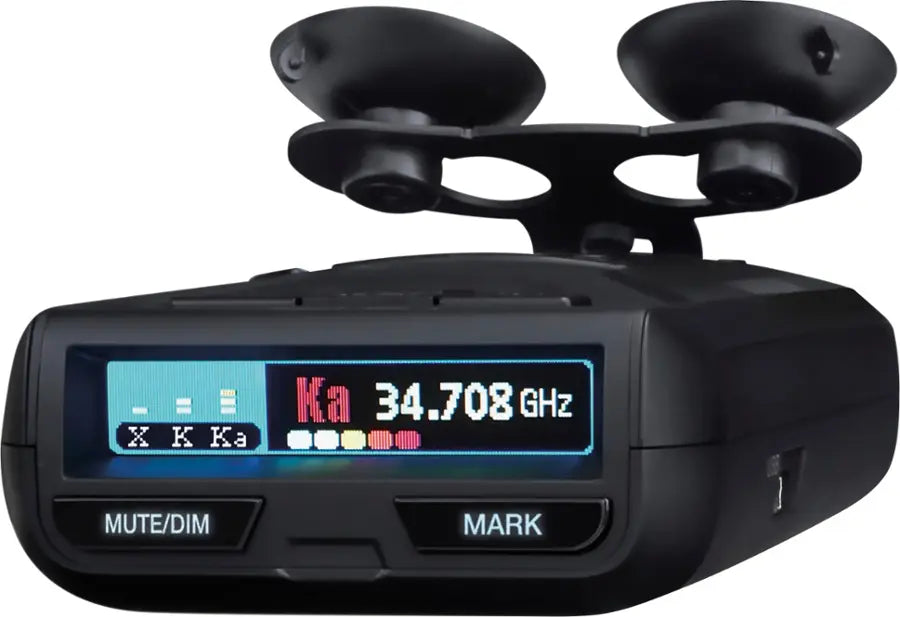 Black radar detector with digital display on a white background