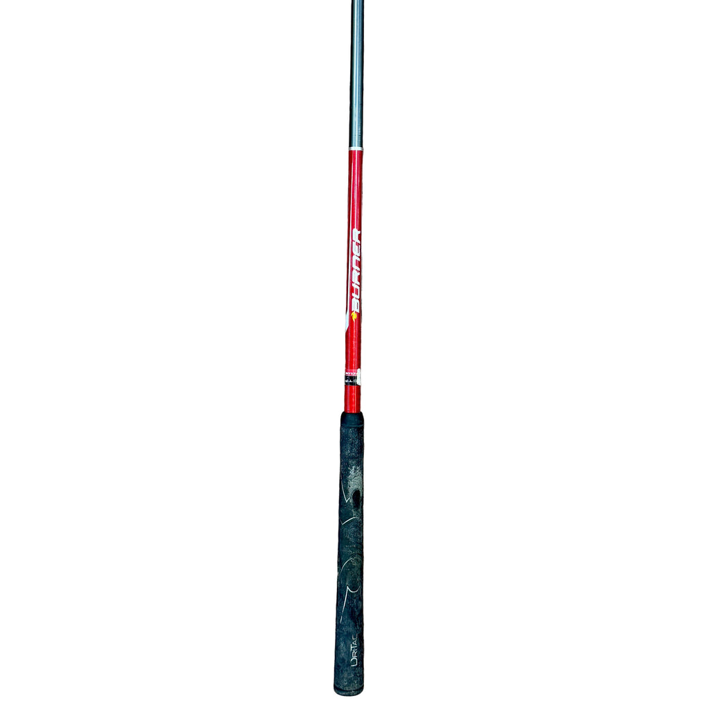 TaylorMade BURNER SUPERFAST 2.0 HT Driver RH Golf Club w/ Headcover Red and black fishing rod on a wooden floor