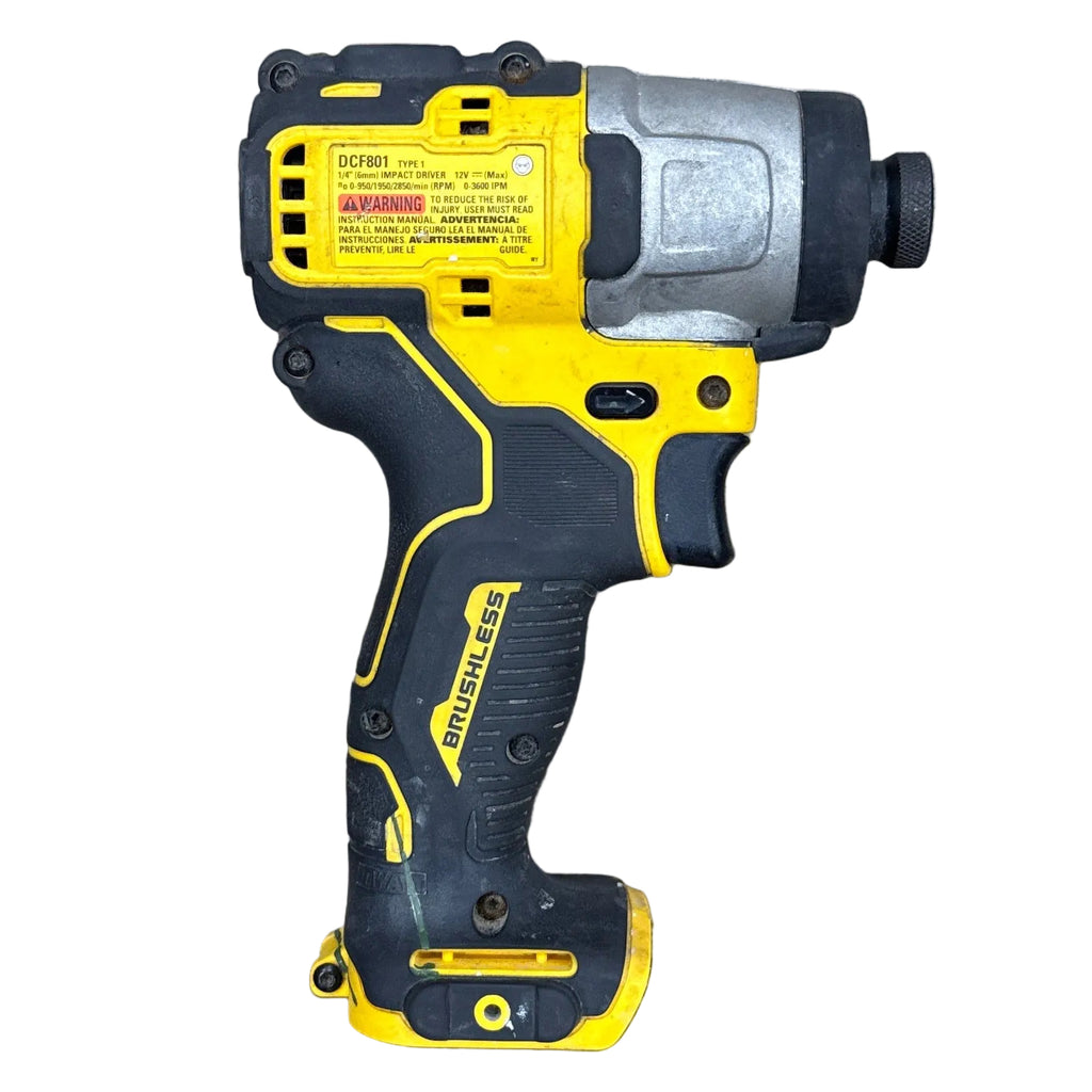 DeWalt XTREME 12V MAX 1/4" Brushless Cordless Impact Driver (DCF801) Yellow and black cordless drill on a wooden floor