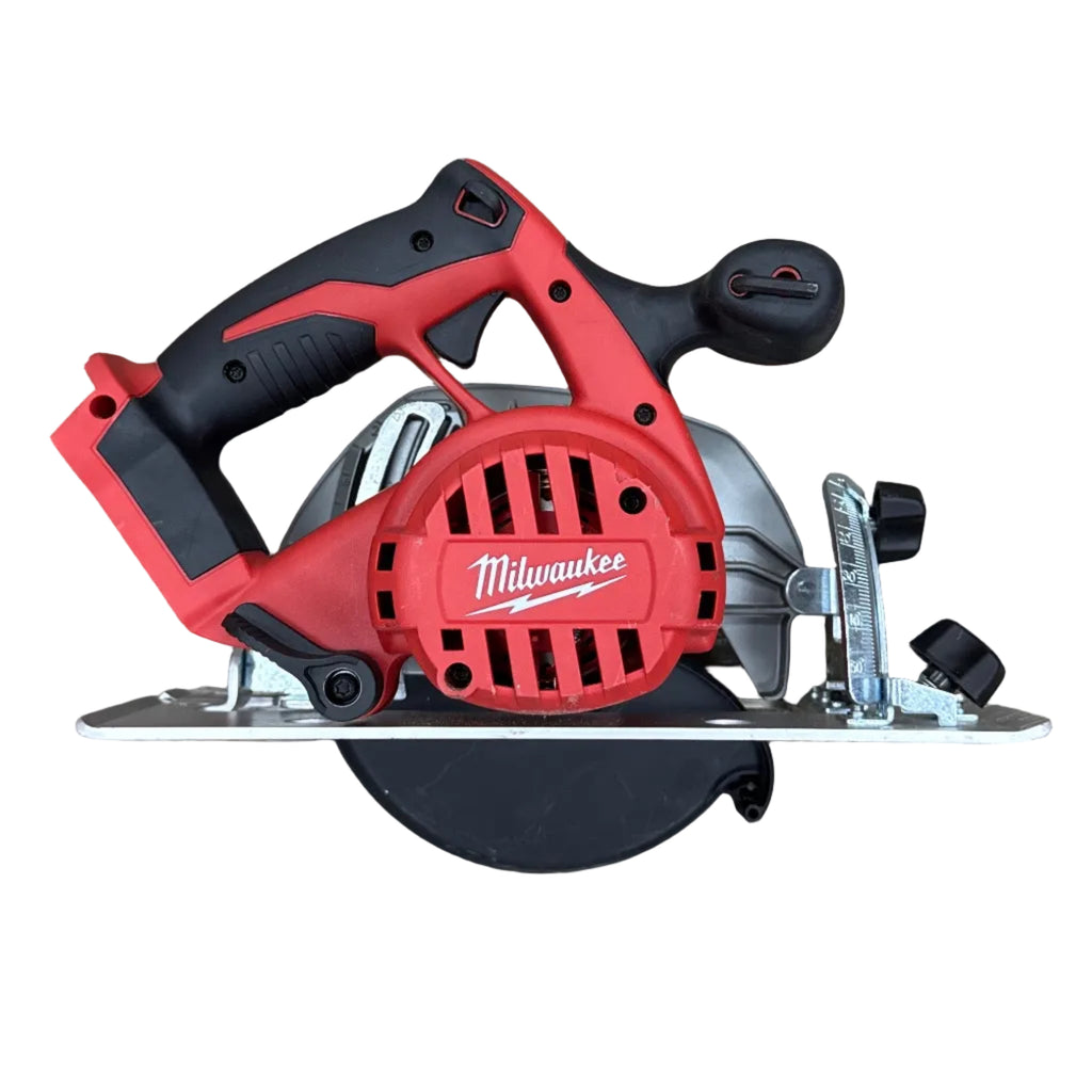 Milwaukee M18 18V 6-1/2" Cordless Circular Saw (2630-20) Red and black Milwaukee circular saw on a white background