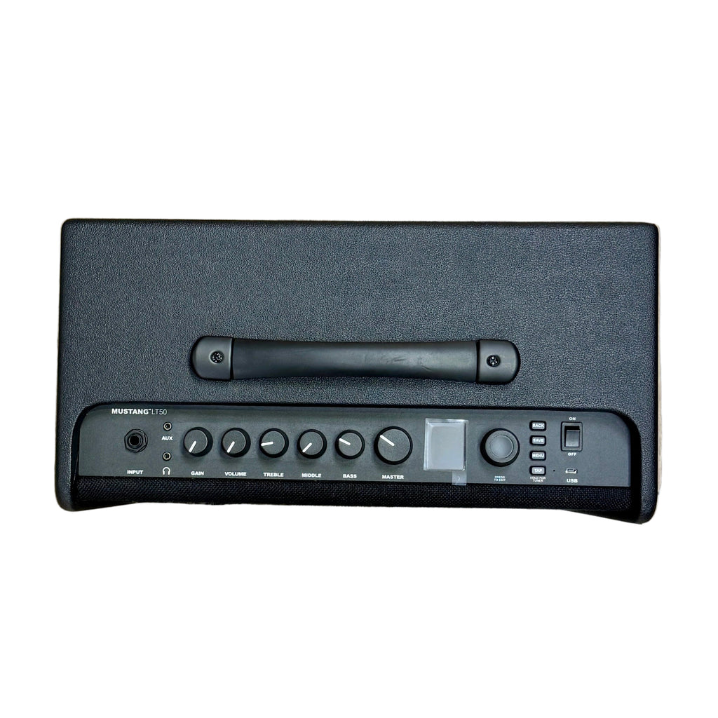 Fender MUSTANG LT50 Guitar Combo Amplifier Black guitar amplifier with control panel on a white background