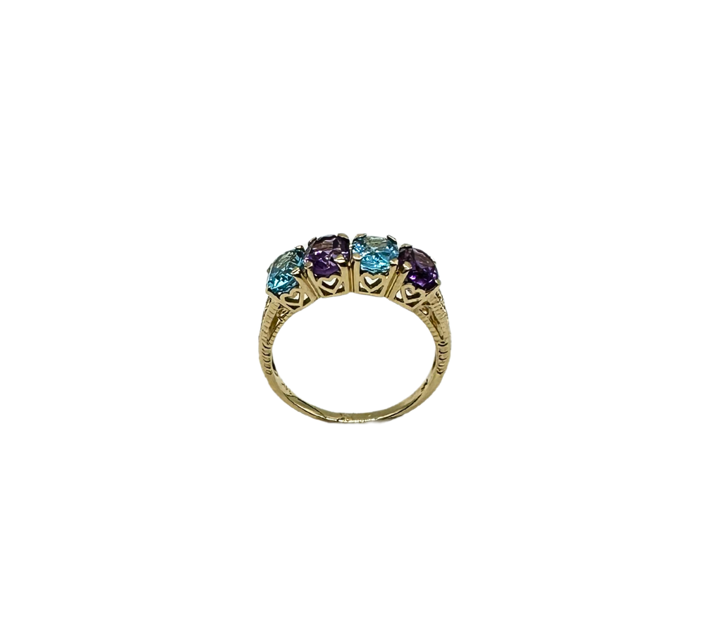 14K Yellow Gold Filigree Ring with Blue Topaz & Amethyst hole