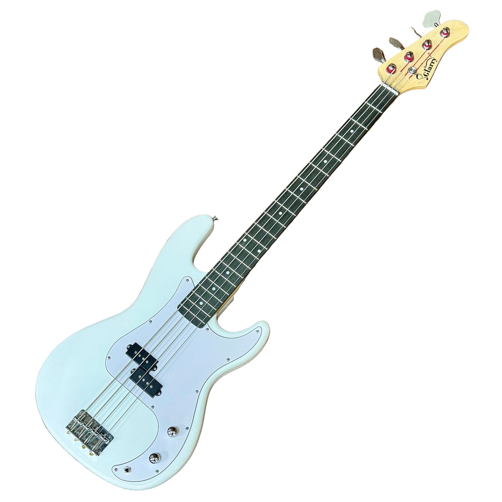 Glarry Precision Bass Style Electric Bass Guitar White electric bass guitar on a wooden floor