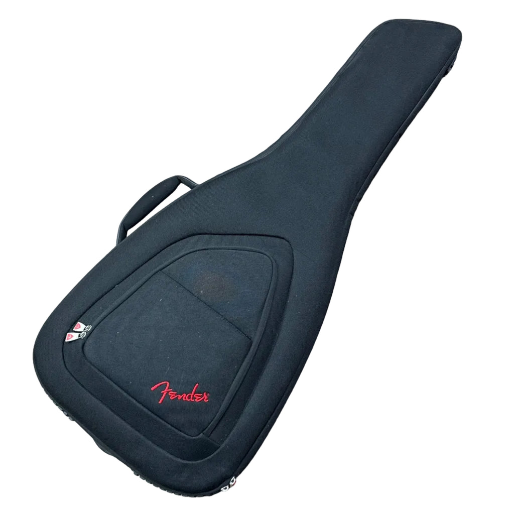 Fender American Acoustasonic Stratocaster 494-000-718 Acoustic-Electric Guitar w/ Soft Case Black Fender guitar case on a wooden floor