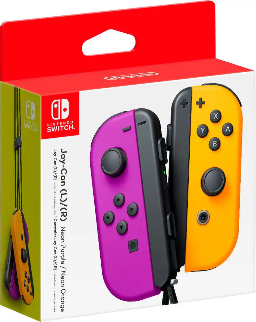 Nintendo Switch Joy-Cons packaging with purple and orange controllers on a white background