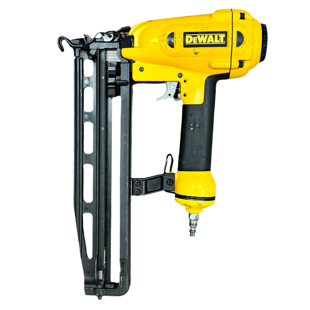 Yellow and black Dewalt nail gun on a white background