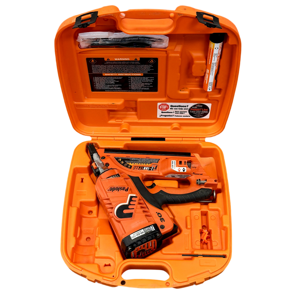 Orange power tool with accessories inside an open case on a white background