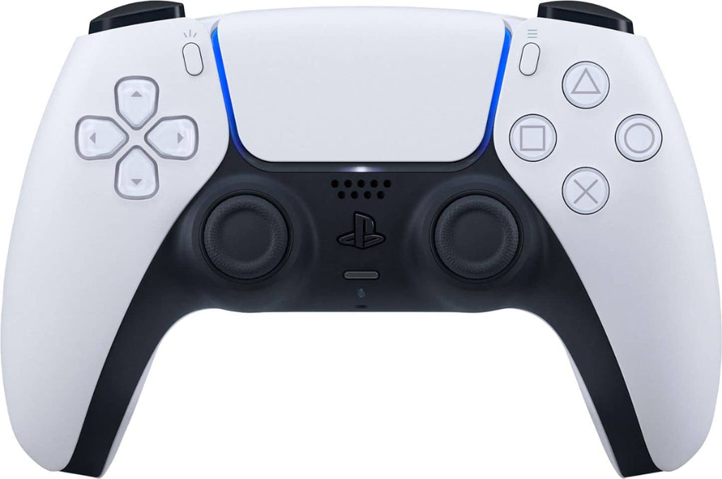 White gaming controller with black accents on a white background