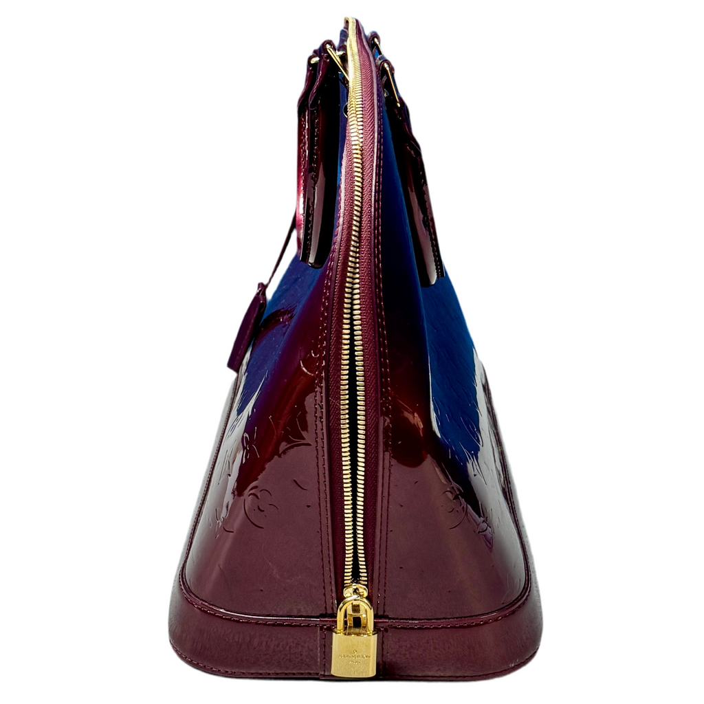 Louis Vuitton Vernis Alma GM Monogram Handbag w/ Dust Bag & Box - Red Purse with gold zipper and blue interior on a white background