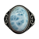 .925 Sterling Silver Larimar Oval Milgrain Bezel Heart Filigree Ring Ring with a large blue stone and intricate black band on a white background