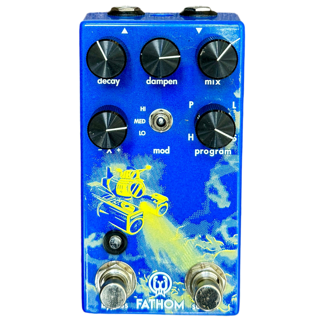 Walrus Audio FATHOM Neon Multi-Function Reverb Guitar Effects Pedal Blue guitar effects pedal with various knobs and labels on a white background