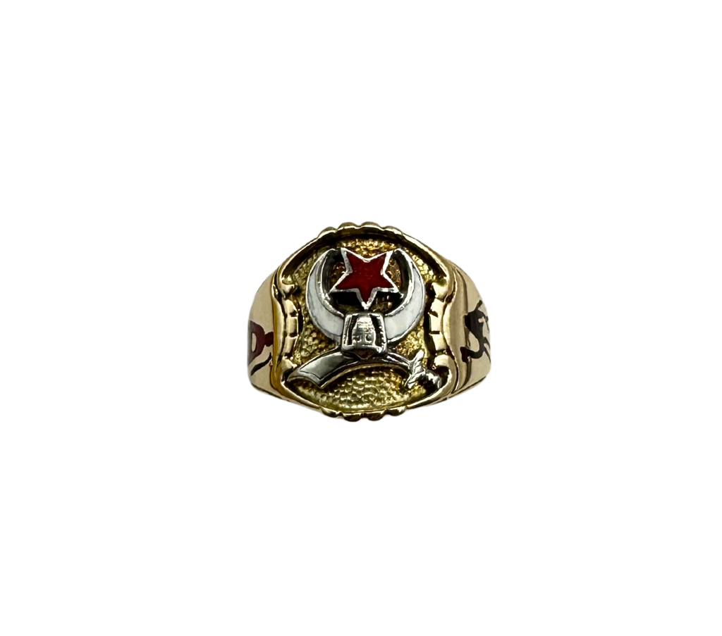 10k Yellow and White Gold Shriners Freemason Ring top