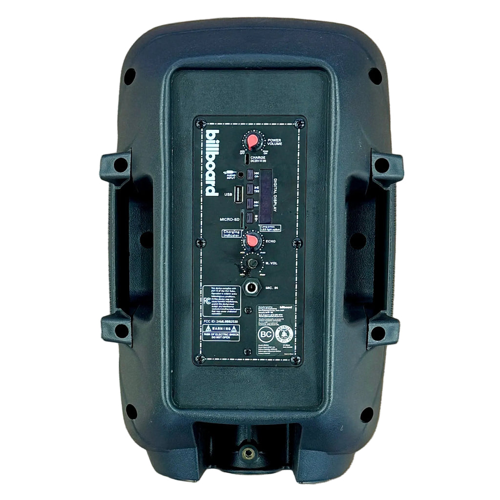 Billboard BB2530 2400W 8" Bluetooth Wireless Powered Speaker Back view of a black speaker with control panel on a white background