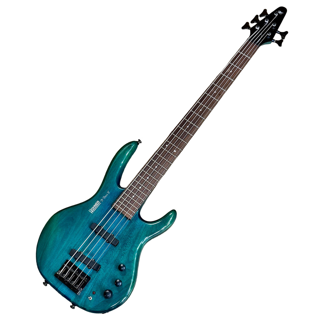 HOHNER PROFESSIONAL B Bass V 5-String Electric Bass Guitar Blue electric bass guitar on a wooden floor