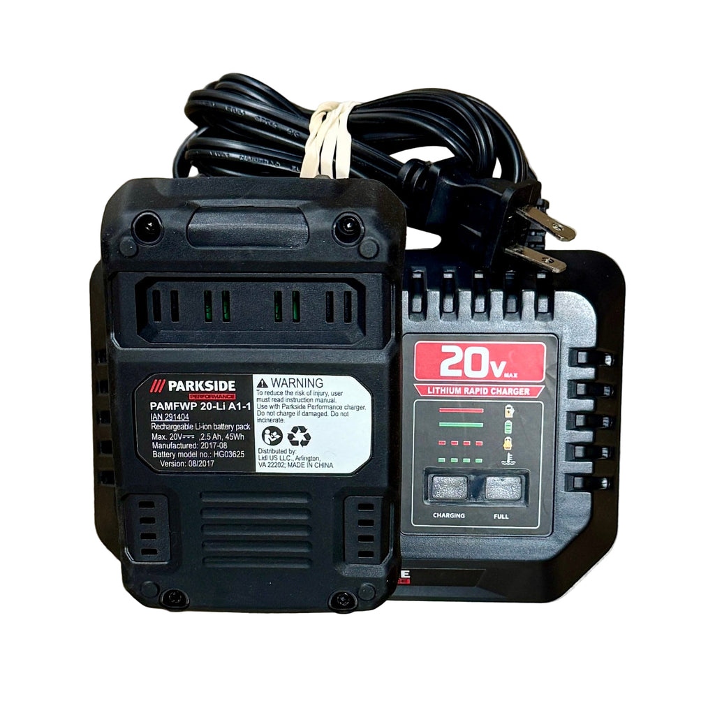 PARKSIDE PERFORMANCE 20V Brushless Cordless Multi-Tool w/ Battery, Charger, & Hard Case (PAMFWP 20-Li A1) Parkside 20V lithium-ion battery charger on a wooden surface