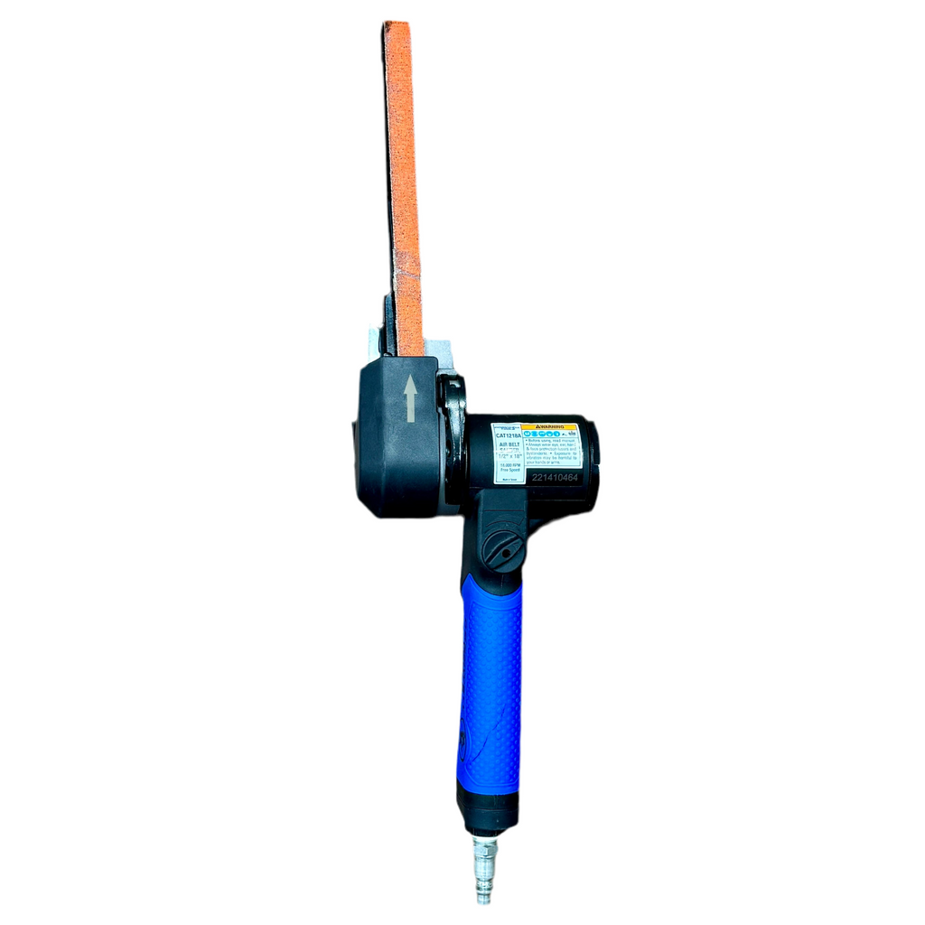 Blue and black air tool with an orange hose on a white background