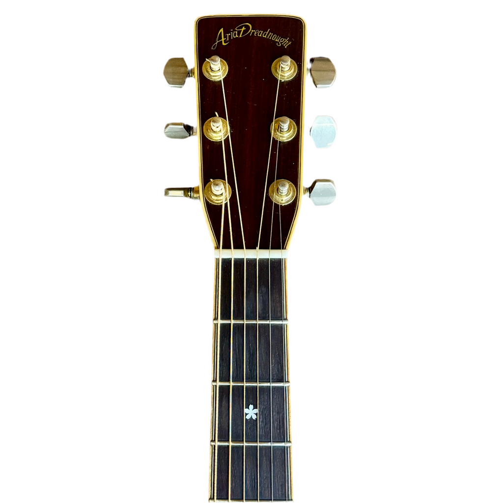 Aria Dreadnought AW-30 Acoustic Guitar w/ Hard Case Guitar headstock with brand name on a white background