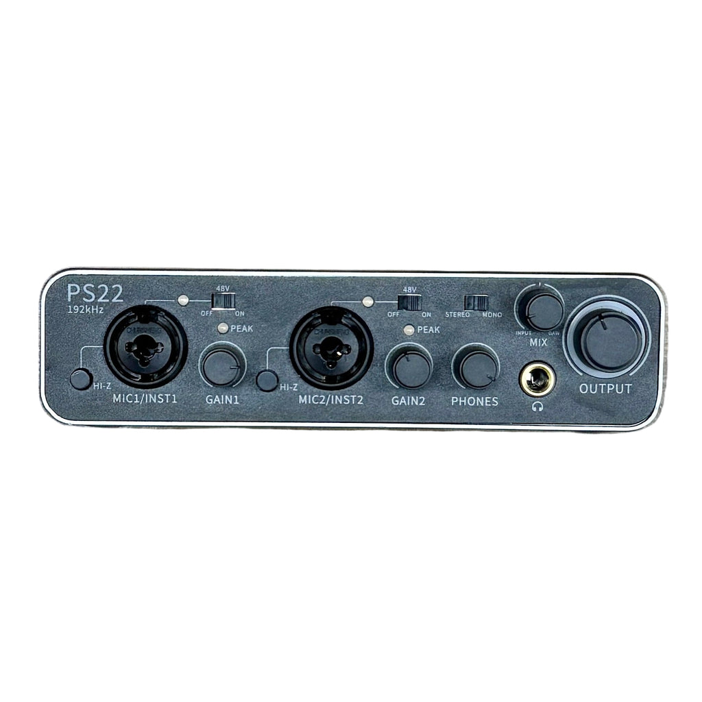 Maono PS22 ProStudio 2x2 USB Audio Interface Audio interface panel with various control knobs and ports on a white background