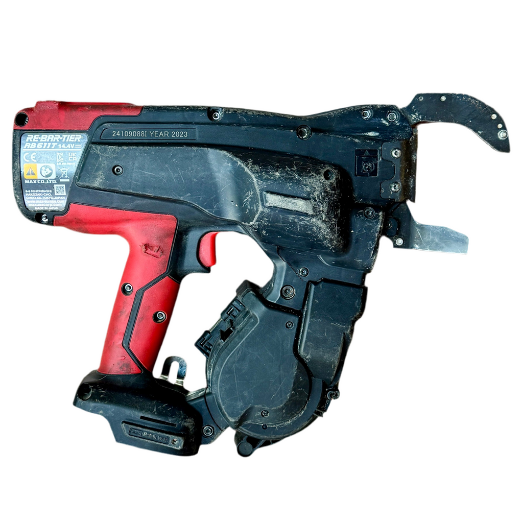 MAX TWINTIER RB611T Cordless Large Rebar Tying Tool w/ Battery, Charger, & Hard Case Black and red power tool on a white background