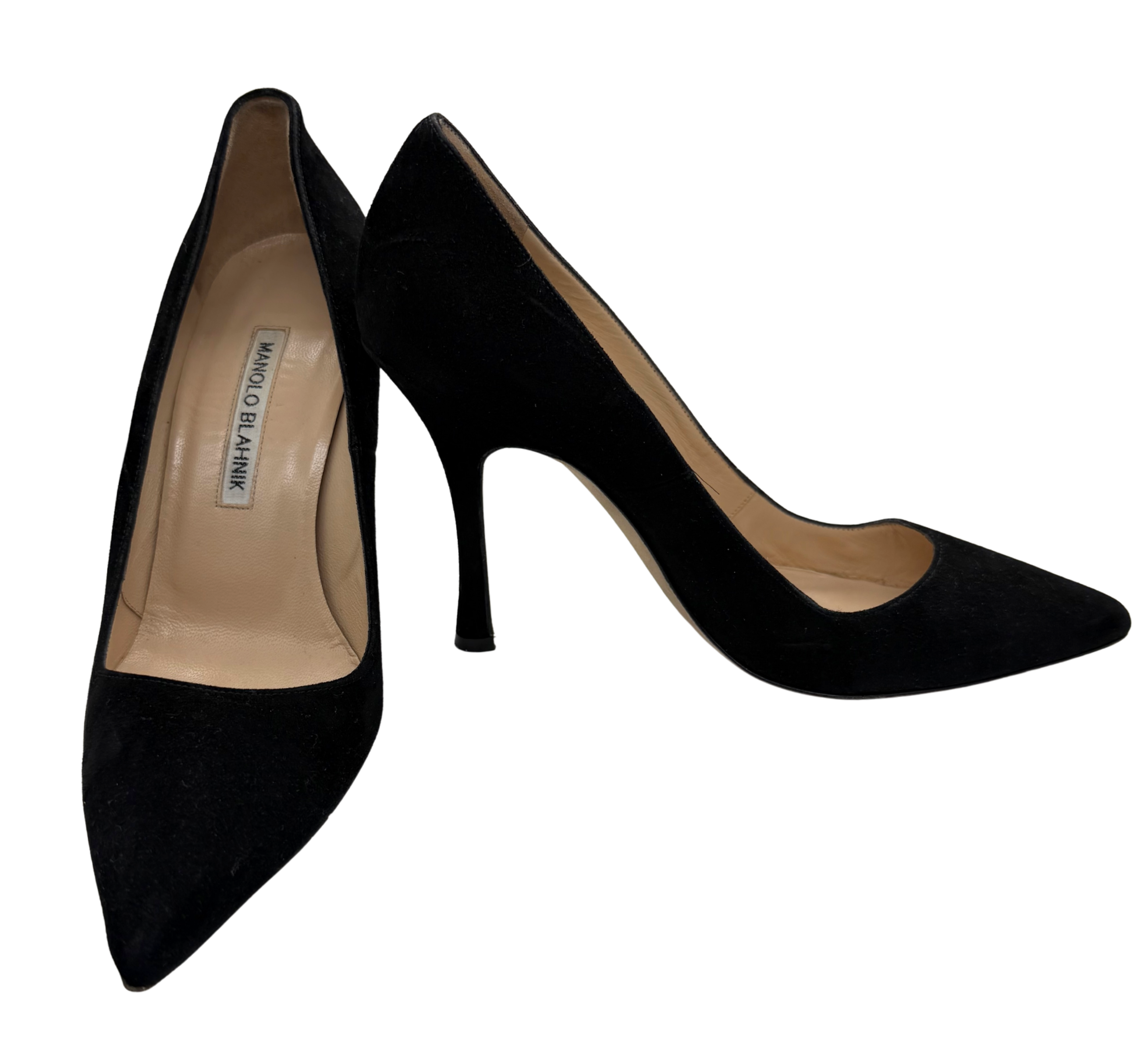 Manolo Blahnik Black Suede Pointed Toe Heels, Size 37