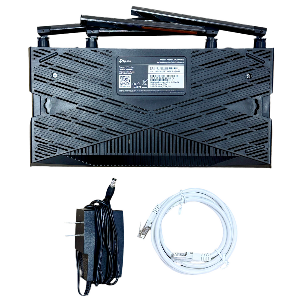 TP-Link Archer AX3000 Pro 4-Stream Gigabit Wi-Fi 6 Router with power adapter and cables on a white background