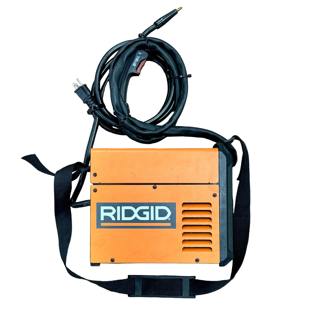RIDGID FLUX-CORE PRO 90-Amp Corded Welder Feed Welder (RFC90) Orange welding machine with black cable and strap on a white background, featuring the Ridgid brand.