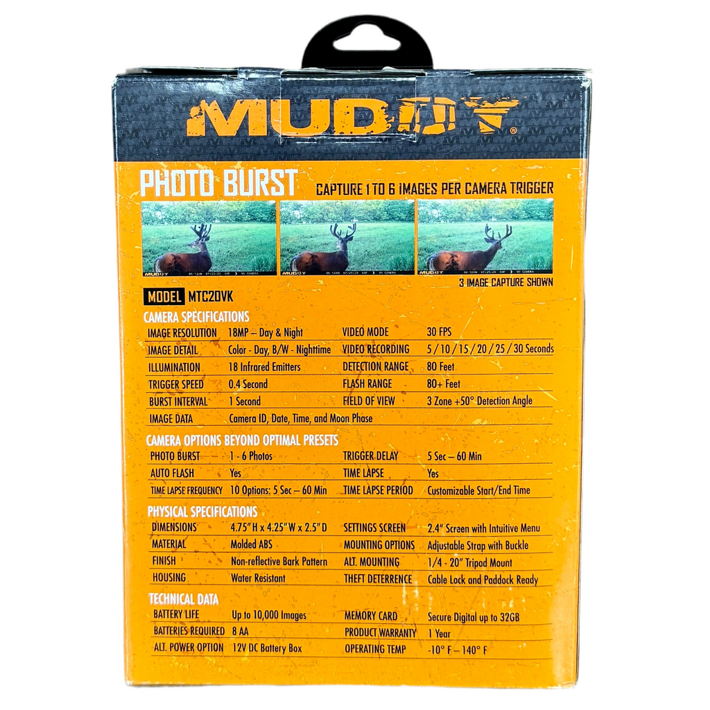 Muddy Outdoors PRO CAM 20 Trail Camera Bundle (MTC20VK) Muddy Photo Burst camera packaging with product details on a white background