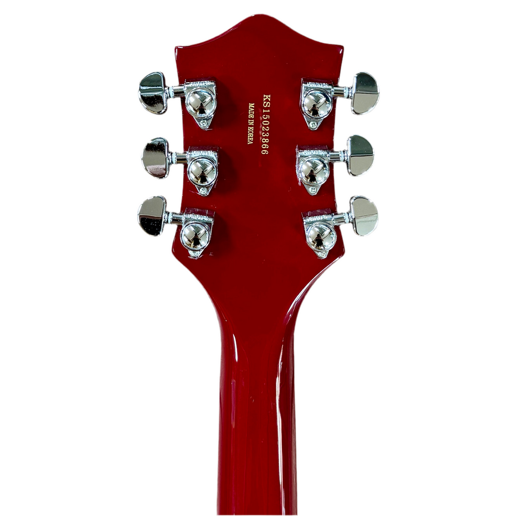 Gretsch G5622T Electromatic Center Block Double-Cut w/ Bigsby Electric Guitar w/ Hard Case Close-up of a red guitar headstock with tuning pegs on a white background