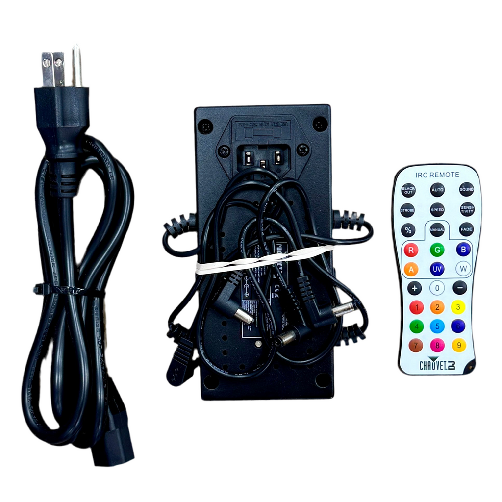 Chauvet DJ Freedom H1 Wash Lights (4) w/ Remote & Case Black electronic device with power cord, back panel, and remote control on a white background