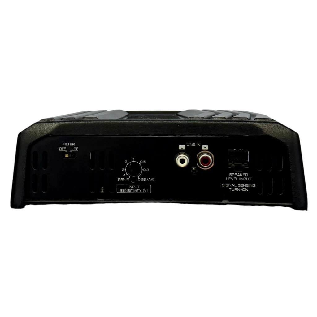 Kenwood KAC-5206 400-Watt 2-Channel Class D Power Car Amplifier Back view of a black audio amplifier on a white background