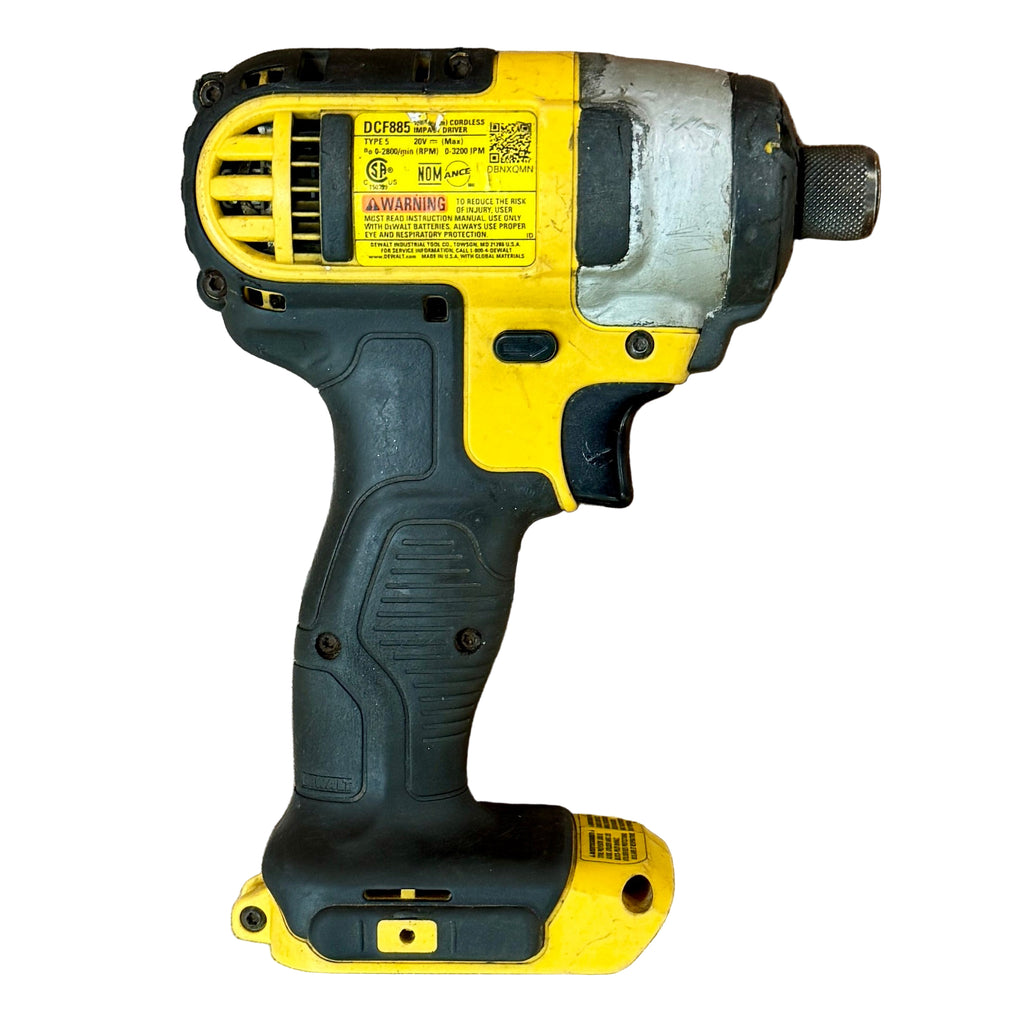 DeWalt 20V MAX 1/4" Cordless Impact Driver w/ Battery (DCF885) Yellow and black cordless drill on a white background