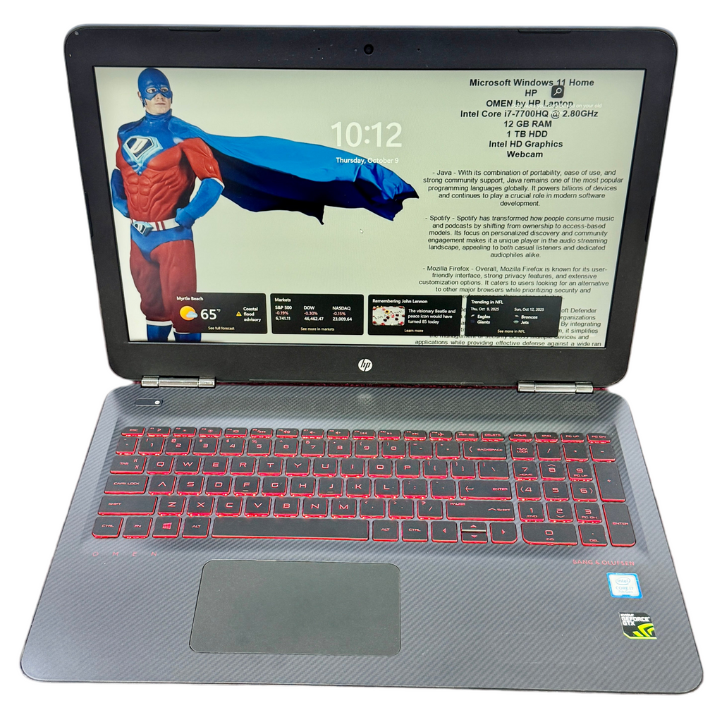 HP OMEN 15-AX250WM 15.6" Gaming Laptop Computer Laptop with a superhero on the screen on a white background