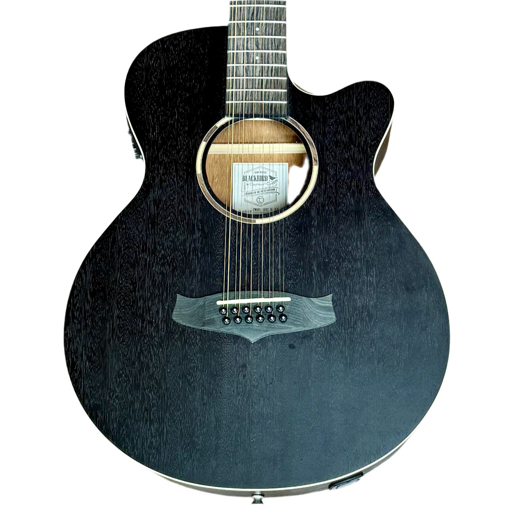 Tanglewood Blackbird TWBBSFCE12 12-String Acoustic-Electric Guitar Black acoustic guitar with a visible brand label on a white background