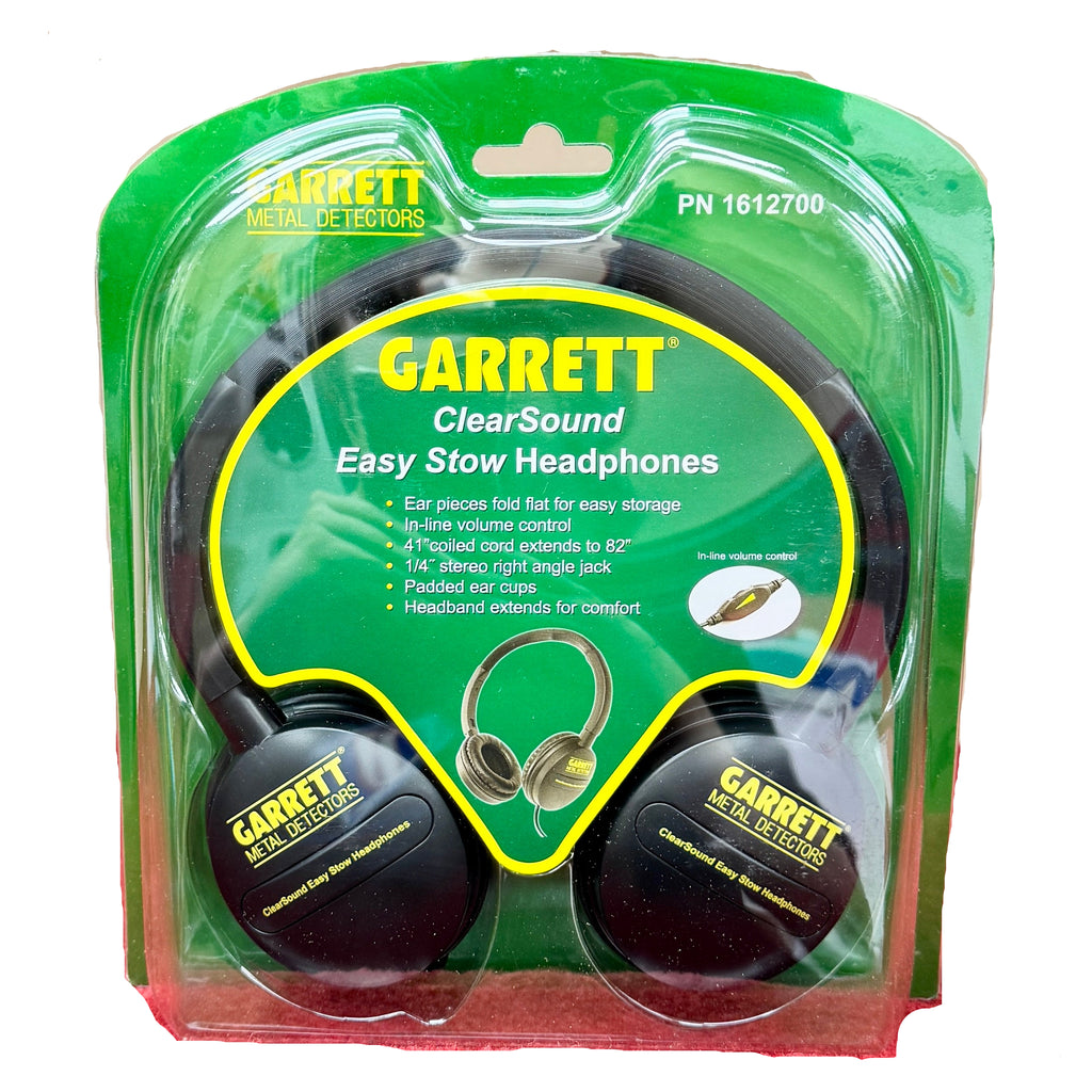Garrett ACE 400 Metal Detector w/ Headphones Garrett ClearSound Easy Stow Headphones packaging on a red surface